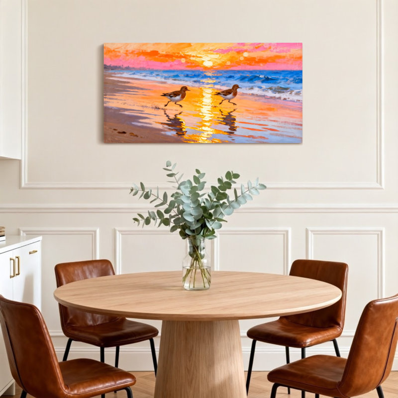 Animaux, coucher de soleil, plage, oiseaux, réflexion, vagues de l'océan, H 16 po x l 32 po