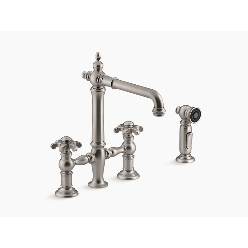 Artifacts Bridge Faucet, Cross Handle, Vibrant Stainless