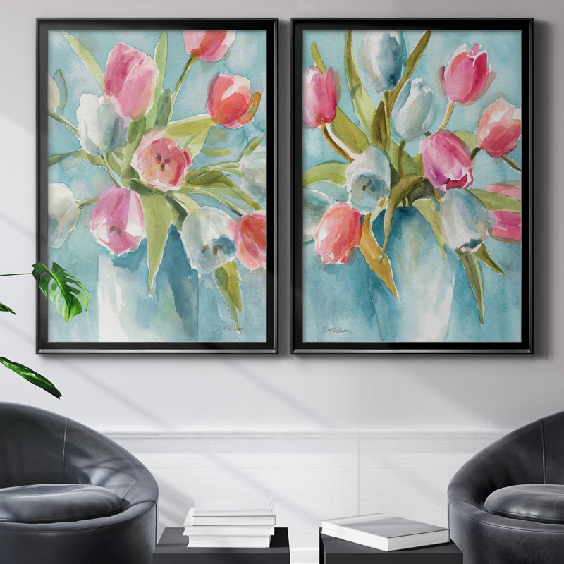 «Today's Tulips I», ensemble de 2 reproductions d'art, H 30,5 po x l 42,5 po x P 3 po, Toile avec cadre noir, Pas de tapis