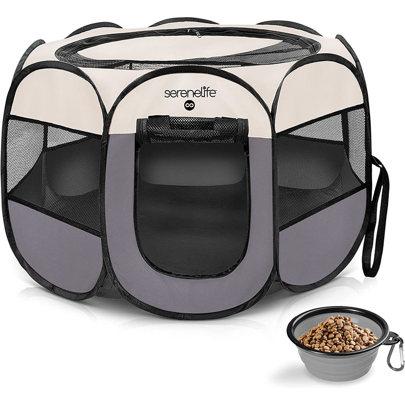 Tente portable pour animal de compagnie avec bol pliant - cour de jeu légère et pliable pour une utilisation intérieure / extérieure (gris)