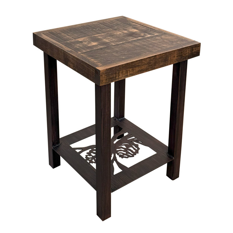 Table de bout carrée en fer avec un accent en pin et un plateau en bois brut