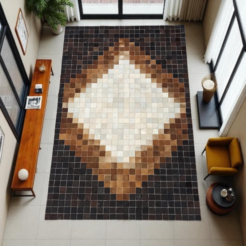 Tapis brun et beige en cuir de vache, tapis fait à la main en cuir naturel