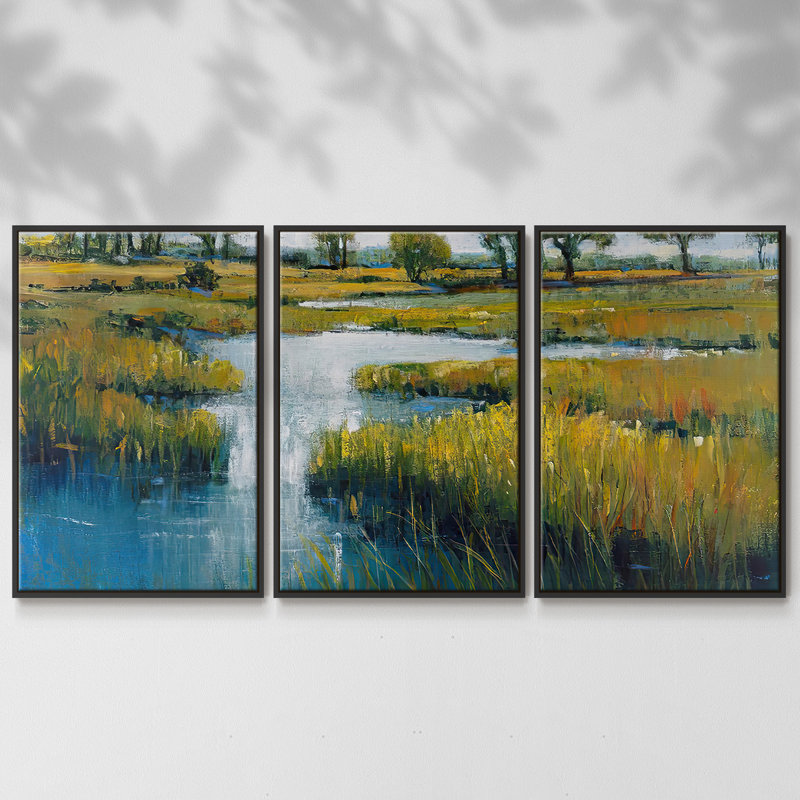 Marshland View III, ensemble de 3 toiles encadrées, Cadre noir, H 40 po x l 78 po x P 2 po