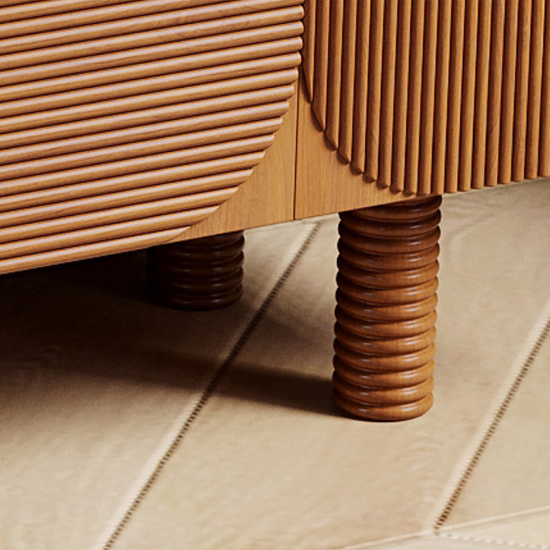 Meuble télé 71 po style Mid-Century avec 3 armoires en bois massif brun pré-assemblé et facile à installer (pieds à fixer uniquement)