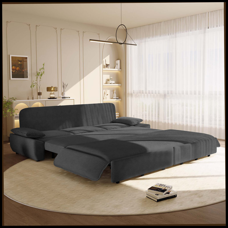 94.5" King Size Pull Out Sofa Bed,3-In-1 Convertible Sleeper Sofa,Multi-Functional Corduroy  Bed,Grey, Gray