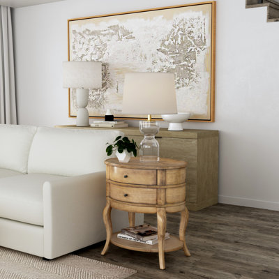 Verre à vin 24 po W Table d'appoint ovale en bois à 2 tiroirs avec tablette inférieure ouverte, beige