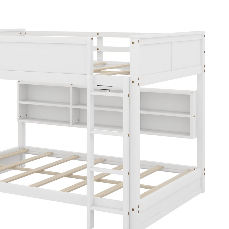 Queen Over Queen Bunk Bed With Built-In Storage Cabinets,Charging Station,Ladder And Safety Guardrails, White