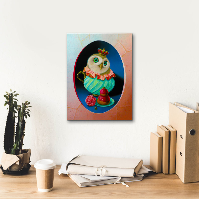 «The Owl With Celadon Mug» par Valery Vecu Quitard, art mural sur toile, H 16 po x l 12 po x P 0,75 po