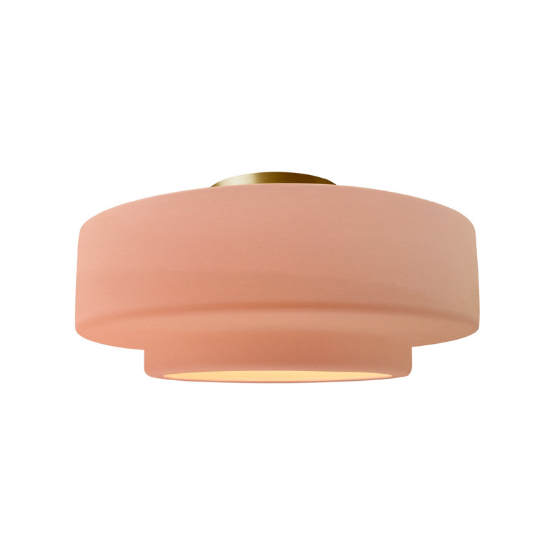 Plafonnier semi-encastré en céramique Dottie, H 7,25 po x l 14,5 po x P 14,5 po, Rosé brillant, Laiton brossé
