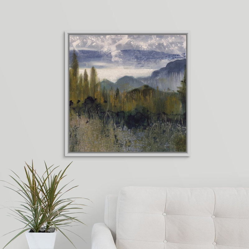 « distante peak », peinture sur toile, H 25,7 po x l 25,7 po x p 1,75 po, Cadre flottant blanc