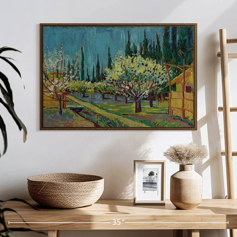 Verger bordé de cyprès, 25 po x 17 po, Cadre flottant noyer