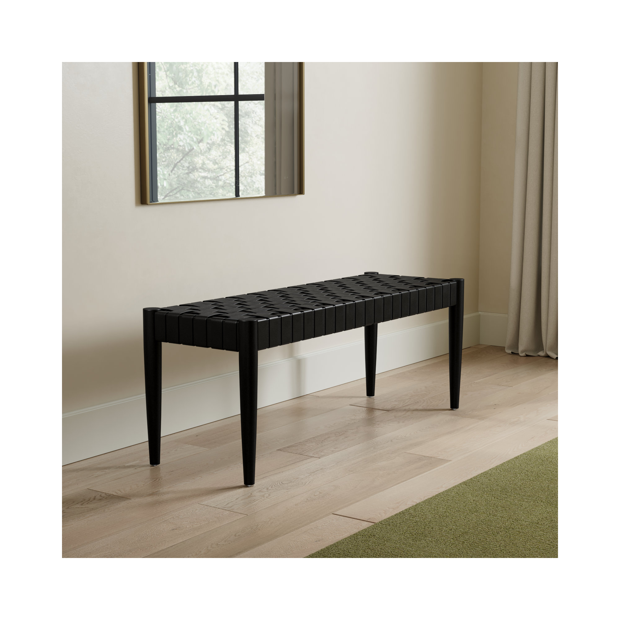 Orin 47" Woven Leather Bench, Black Frame/Black Leather