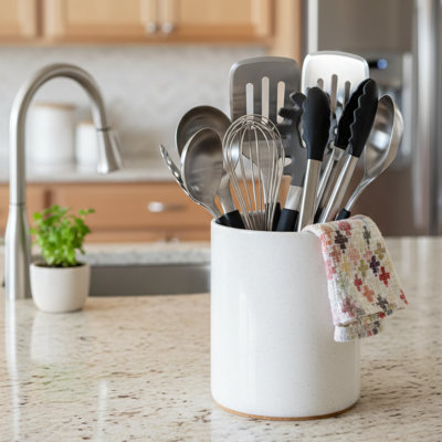 Sand-Colored Ceramic Kitchen Utensil Rack, 6.4 Inches, With Cork Protective Base, Vintage Farmhouse Style, Kitchen Countertop Decoration, Practical Gift.