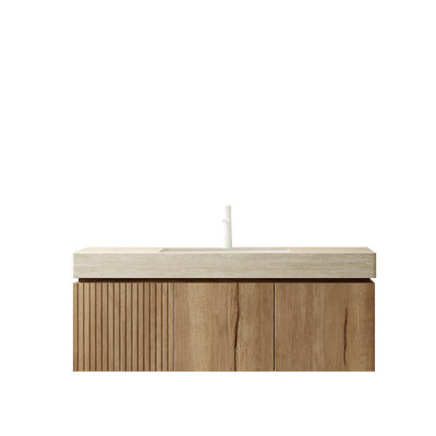 MURI 48" Bathroom Vanity With Sink, Wall-Mounted Plywood Bathroom Storage Cabinet With Drawer And 2 Doors, Roma Travertine-Pattern Countertop With Basin, Pre-Assembled, Woodgrain Color