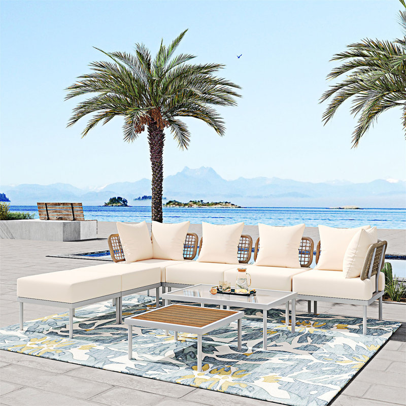 8-Piece Patio Sectional Sofa Set, Beige Cushion/White Frame