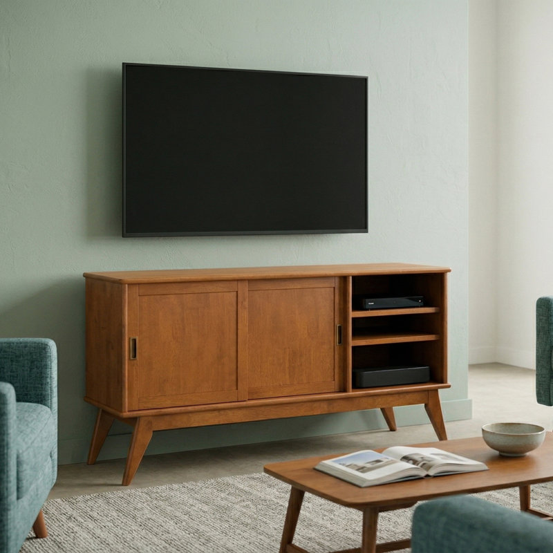 Draper 60"W Solid Hardwood Mid-Century Modern Medium TV Stand for TVs up to 65" with Sliding Doors, Teak Brown