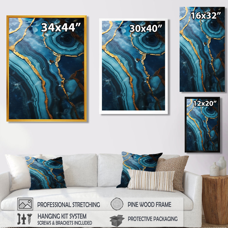 Art mural bleu sarcelle Agate Waves of Glam Gold I, Cadre flottant brun, H 40 po x l 30 po