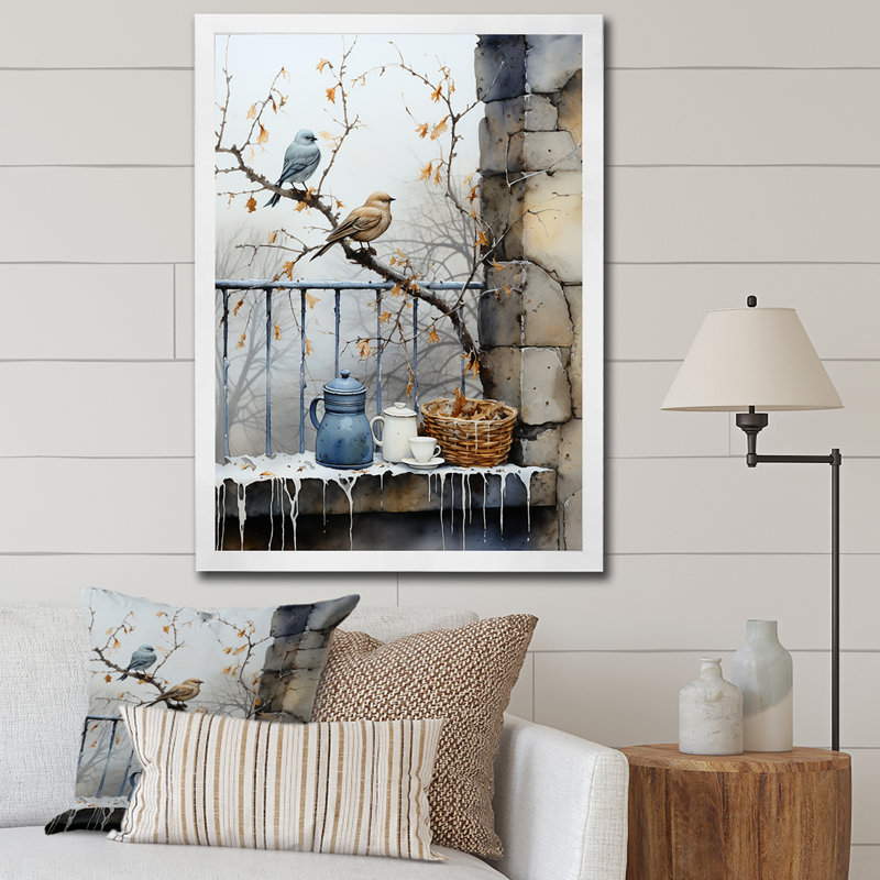 «Snowy Birds Window Views - Bird», art mural, Cadre simple blanc, H 32 po x l 16 po x P 1 po