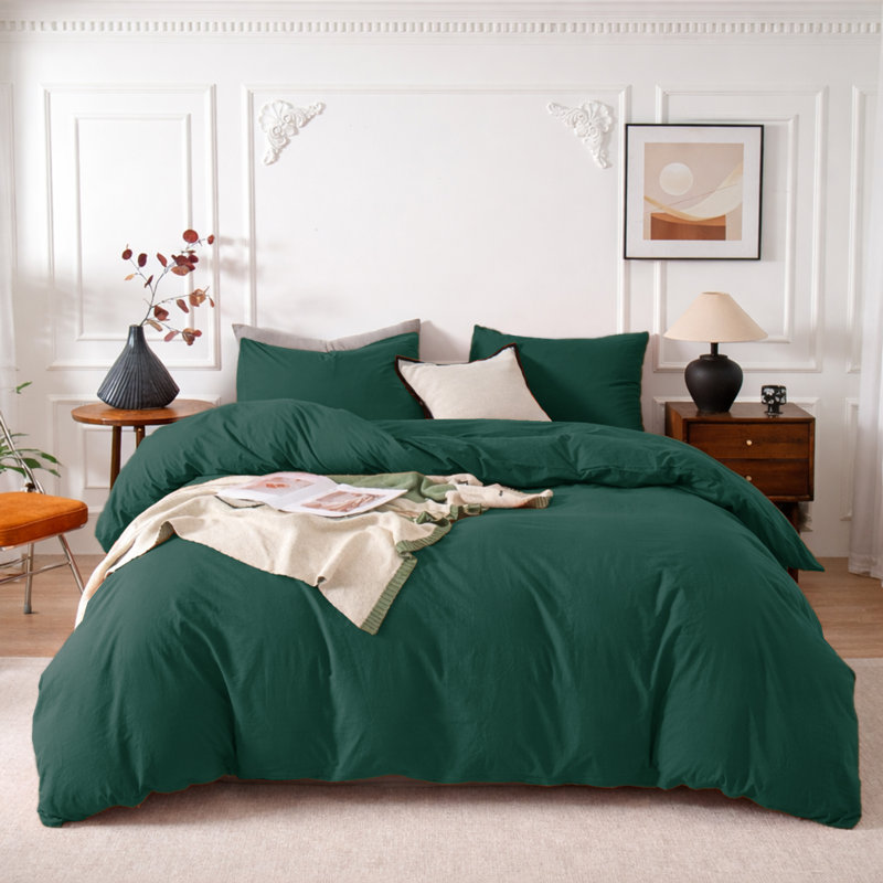 3-Piece Dyed Duvet Cover Set With Pillowcases, Emerald, King Duvet Cover + 2 Standard Pillowcases