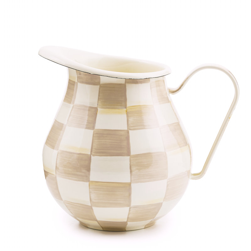 Mocha Check Enamel Pitcher with Hand-Painted Brown and White Checks