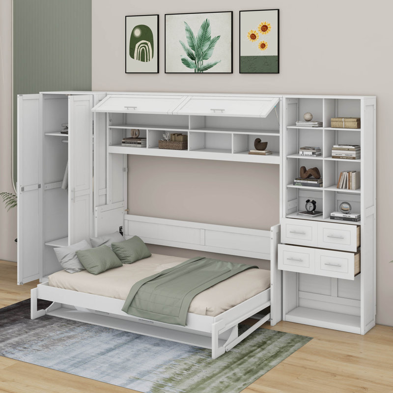 Lit escamotable Murphy avec placard, tiroirs et tablettes, Blanc, Grand