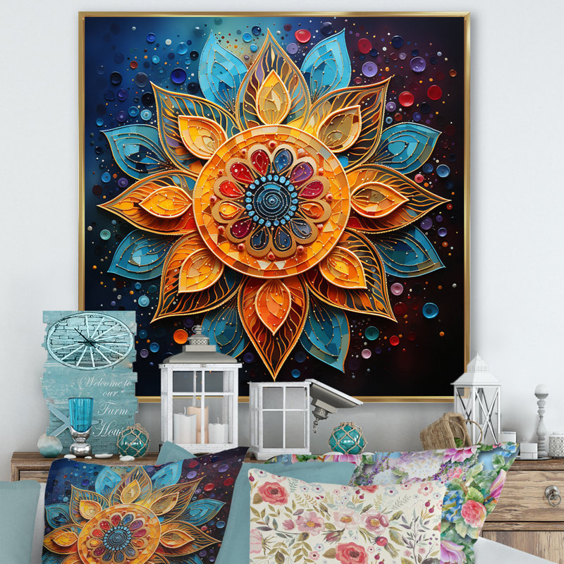 Mandala yoga sarcelle doré pointillisme, Doré, H 24 po x l 24 po x P 1 po