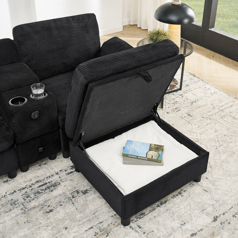 Canapé modulaire moderne en L avec rangement tout-en-un, poches d'accoudoirs de rangement latérales, console centrale avec porte-gobelet, repose-pieds avec rangement relevable, siège confortable à plusieurs places - noir