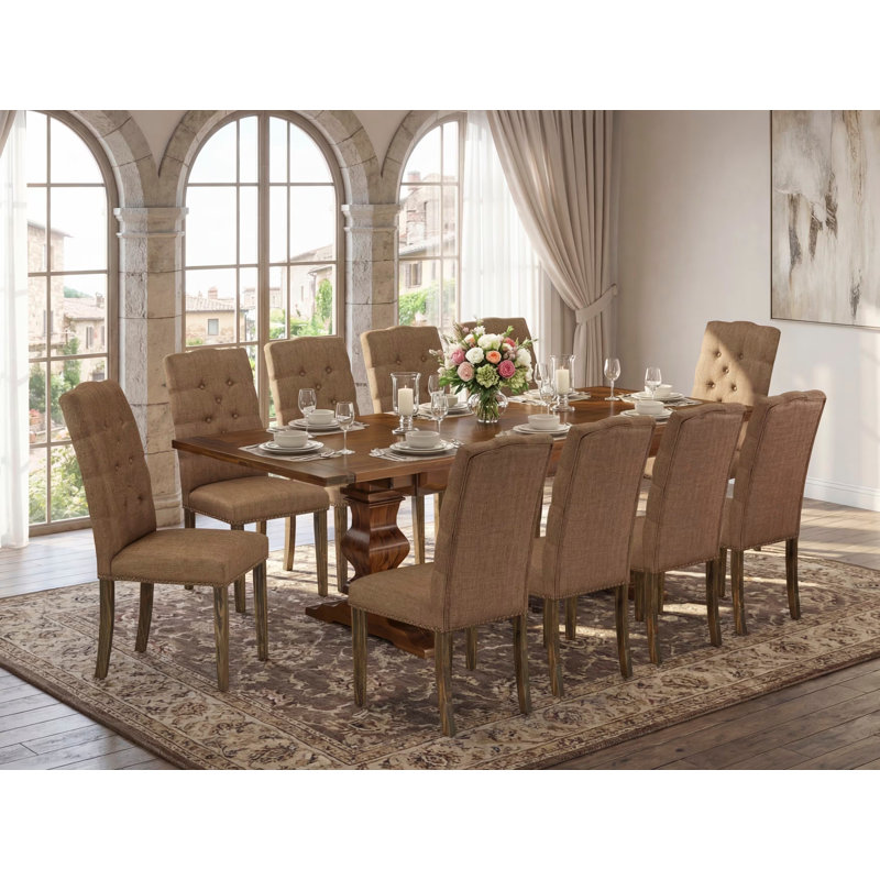 11 Piece Dining Table Set Includes a Rectangle Table with Removable Leaf and 10 Brown Linen Fabric Upholstered Chairs, Antique Walnut