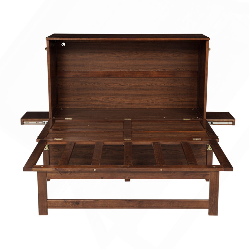 Lit escamotable double avec port USB et tablettes amovibles de chaque côté, lit escamotable en pin massif pour bureau personnel, chambre d'amis, noyer