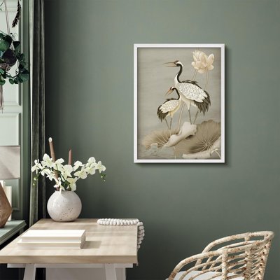 Grandes grues parmi des fleurs de lotus dans des illustrations de style asiatique traditionnel, affiche encadrée rustique