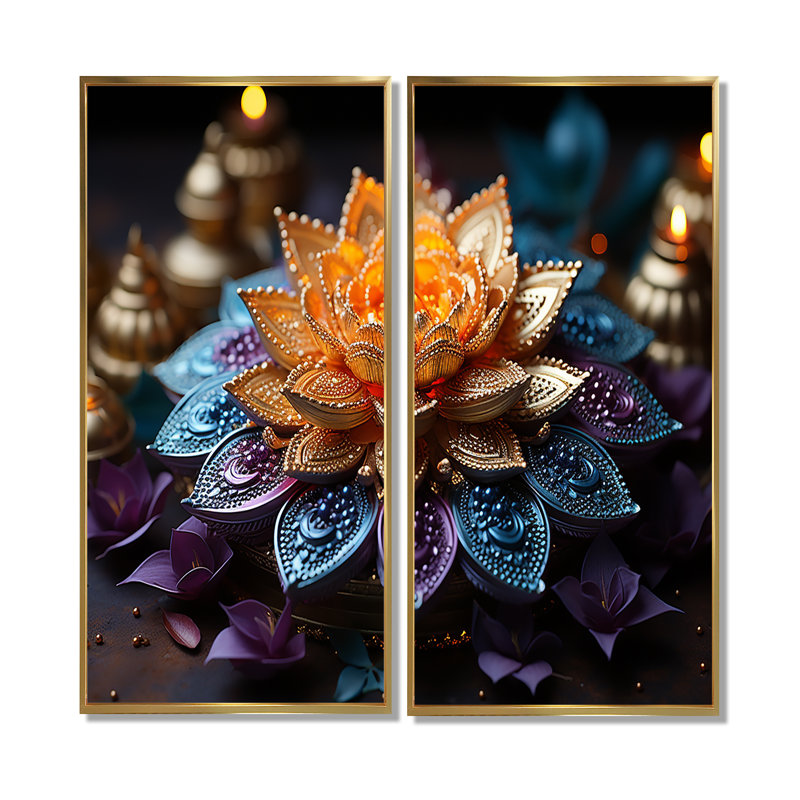 Hindouisme vibrant mandala - ensemble de 2 décorations murales de l'hindouisme spirituel, 20" H x 24" W, Gold