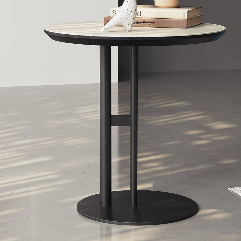 Modern Round Side Table 19.7", Gray Faux Leather Top, Black Metal Base End Table for Living Room