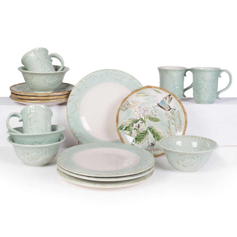 Toulouse Green Hand-Painted Ceramic 16-Piece Dinnerware Set
