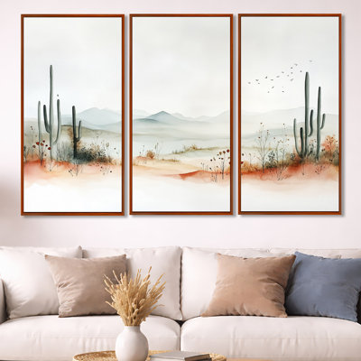 «Hush Mesa Cactus Panorama I - Desert Botanical», reproduction sur toile 3 pièces