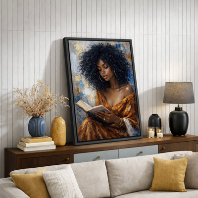 Reading Woman In Orange Dress Artwork, Office Pictures, Framed Canvas Giclee Print Wall Art