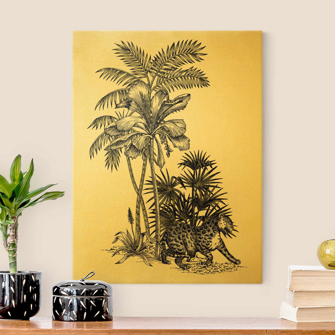 Leinwandbild Gold Vintage Illustration Tiger und Palmen