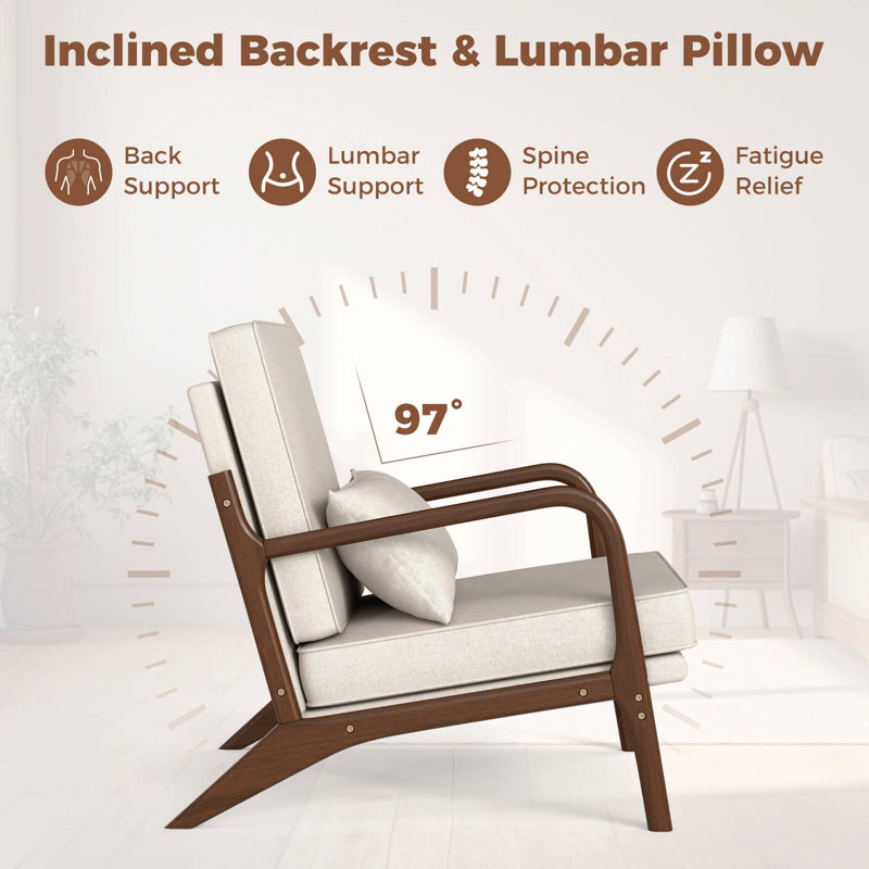 Fauteuil d'appoint rembourré 2 pièces avec accoudoirs et pieds en bois d'hévéa, Mélange de polyester beige