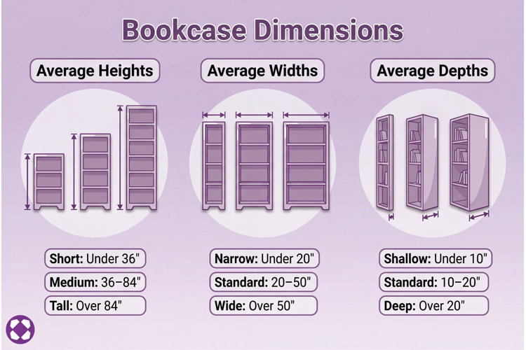 bookcase dimensions illustration with varying heights, widths, and depths