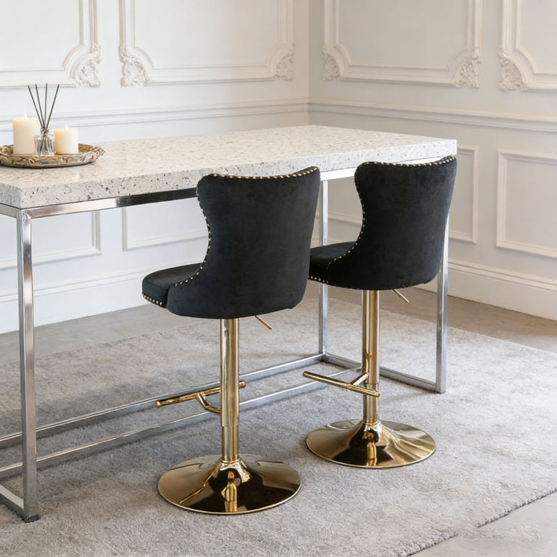 Swivel Velvet Barstools, Black+golden