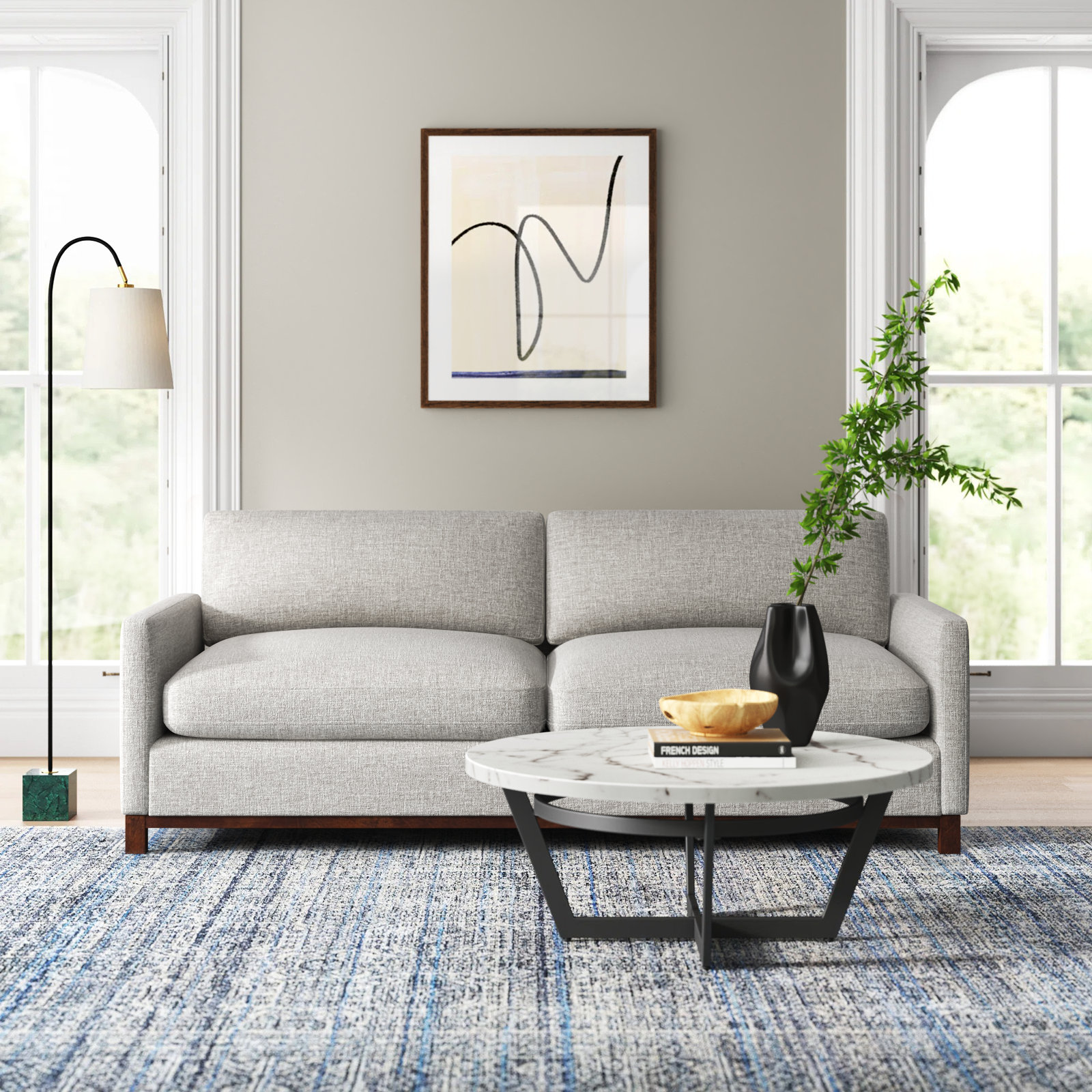 Liz Linen Sofa, Gray Heathered, Dark Brown, 32.28"H x 84.25"W x 39.37"D