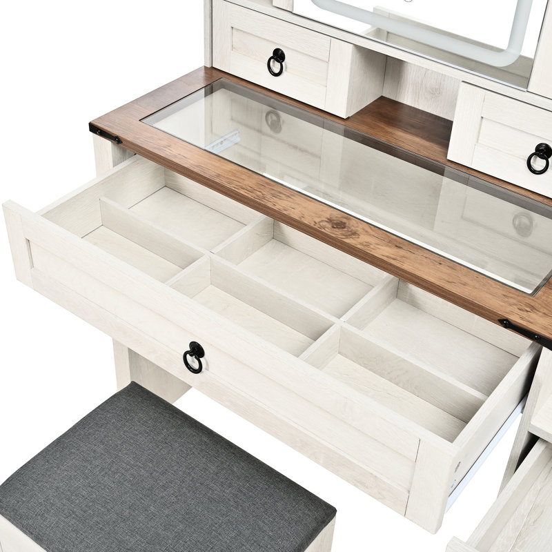 Meuble-lavabo blanc avec miroir à DEL mobile, réglage de la luminosité, plateau en verre, prise de recharge, 4 tiroirs, 2 armoires et tabouret