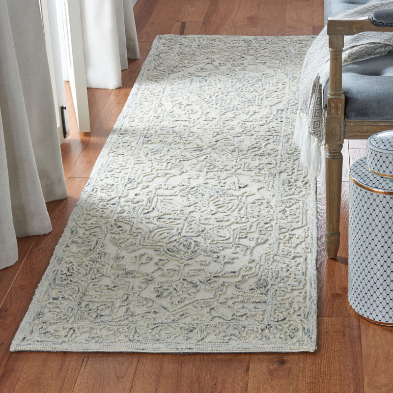 Tapis gris / ivoire en laine touffeté à la main Conant, Tapis de couloir 2 pi 3 po x 8 pi