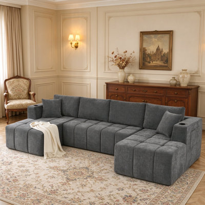 132" Dark Gray U‑Shaped Modular Chenille Sectional Sofa, 6‑Seat Cloud Compression Couch with Double Lounges, Cup Holders and Side Pockets, No‑Assembly Upholstered Sofa for Living Room Apartment