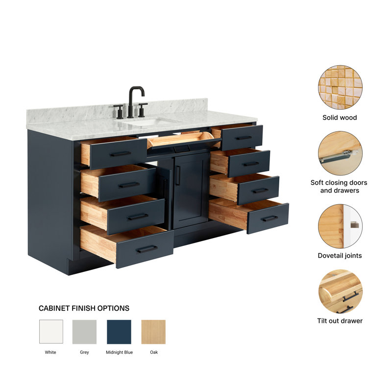 Meuble-lavabo simple en bois massif Jameal avec plateau en marbre de Carrare 0,75 po, Bleu minuit, Forme rectangulaire
