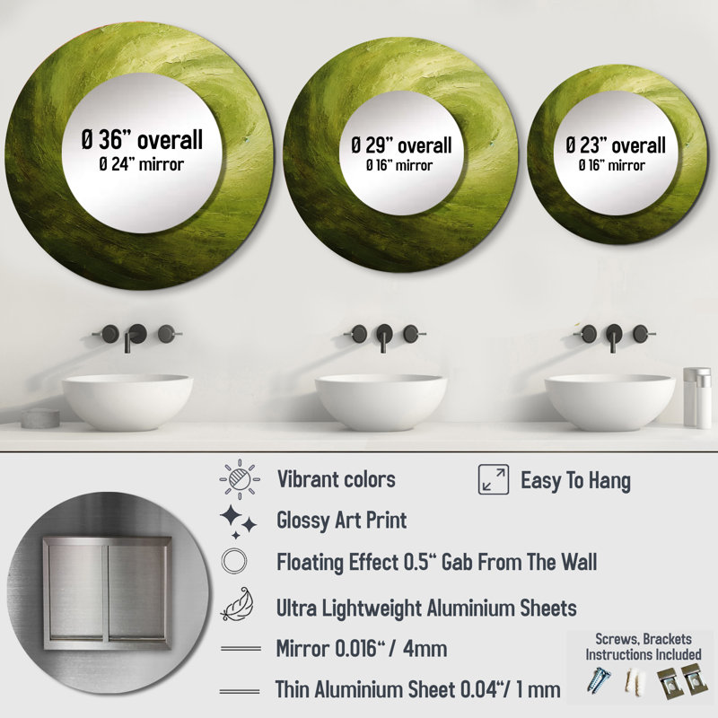 Green Orbit Spiral I - Abstract Spirals Decorative Wall Mirror, Modern Round Mirror, Printed Metal Art, 36" x 36"