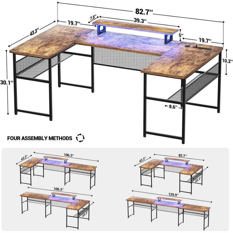 Manasa 83" U-Shape Computer Desk with LED Light Strip and Sockets, Brown/Black