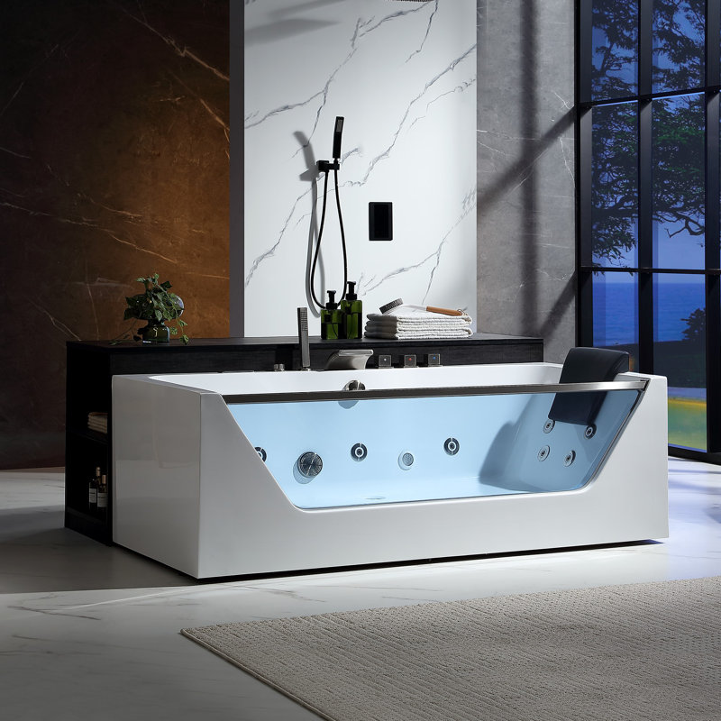 71 In.  Alcove Whirlpool Bathtub Rectangular Hydrotherapy Jetted Soaking Bath Tub With Center Drain In White