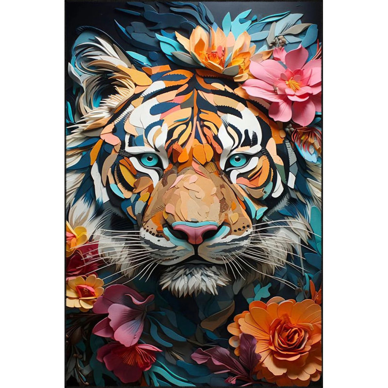 Multicolored Tiger Patterned Washable Carpet, Rectangle 5'2" x 7'7"