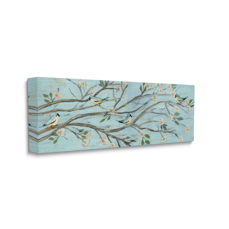 Branche de cerisier en fleurs bleues tranquilles par Susan Jill - Peinture, Toile tendue, H 10 po x l 24 po