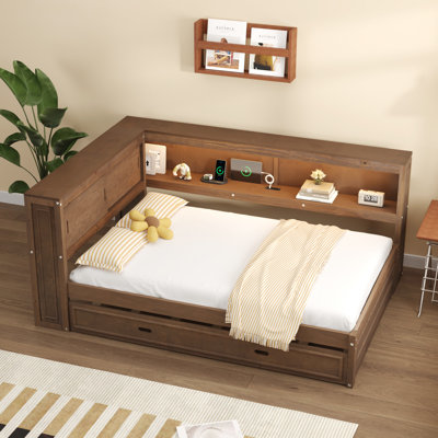 Full Size Wood Daybed with Trundle, Storage Shelves, LED Lights & USB Charging Ports, Antique Wood Color